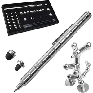 Magnetic Fidget Pen Set with Stand, Stress Relief Writing Tool, Silver Metal Construction (Big Box)