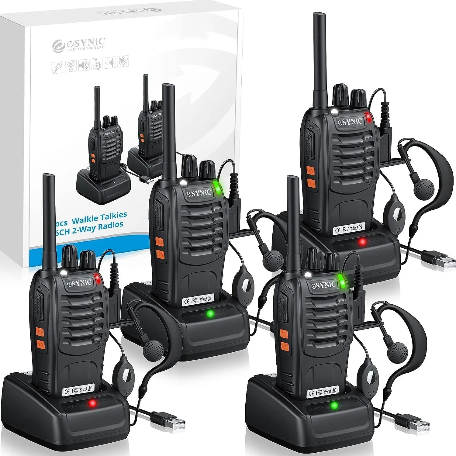 eSynic 4Pcs Professional 2 Way Radio Walkie Talkies Portable Adult Walkie Talkies Rechargeable Support 16 Channel VOX Function with Original Earpieces Perfect for Daily Use Audio Communication Mother's Day Gift