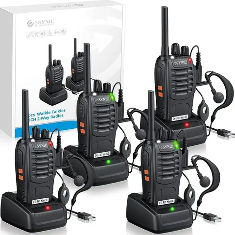 eSynic 4Pcs Professional 2 Way Radio Walkie Talkies, Portable Adult Handheld Two-Way Radios with 16 Channel VOX Function & Earpieces, Rechargeable for Daily Use, Outings & Clear Communication
