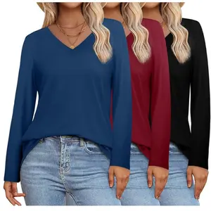 Womens Long Sleeve Shirts-Fall Tops Basic Tshirts Loose Fit V Neck 3 Packs Womenswear Blouse Comfort Casual Minimalist