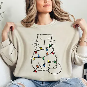 Christmas Cat, Lights, Cute, Cat Lover, Feline, Santa, Gift Sweatshirt, Crew Neck, Women's, Crewneck