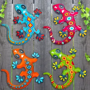 Summervibes4 Pcs 3D Metal Gecko Wall Decor Set, Handcrafted Iron Lizard Garden Ornaments, Weather Resistant Hanging Art for Outdoor Yard Fence Living Room