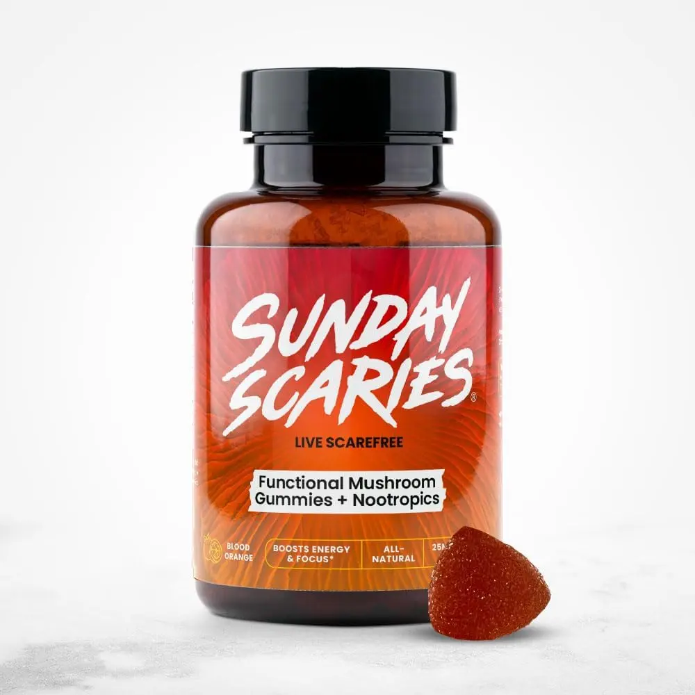 Sunday Scaries 4-in-1 Functional Mushroom Gummies | Highly Rated for Energy & Focus | Organic Lion's Mane (20:1) + Organic Chaga + Ginkgo Biloba + Caffeine | All-Natural, Vegan, Blood Orange Flavor