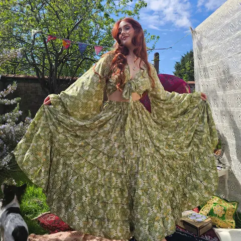 Women's 2-Piece Flowy Viscose Fairy Set - Ruffle Sleeve Top, Tiered Long Maxi Skirt, Bohemian Elastic Waist, Floral Plant-Inspired Whimsical Design, 90s Vibes Summer Renfaire Outfit