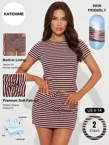Katch Me Chic Women's Leisure Striped Round Neck Short Sleeve Top & Drawstring Decor Skirt Co-ord, Premium Breathable Cotton Two Piece Sets, Summer Wrinkle-Resistant Stretch Daily Outfit