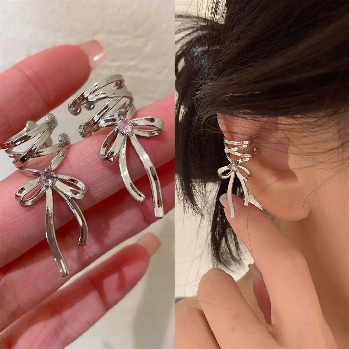 Zircon bow ear clip ballet ear bone clip no piercing girls earrings daily wear gift y2k style Zircon bow ear clip ballet ear bone clip no piercing girls earrings daily wear gift y2k style