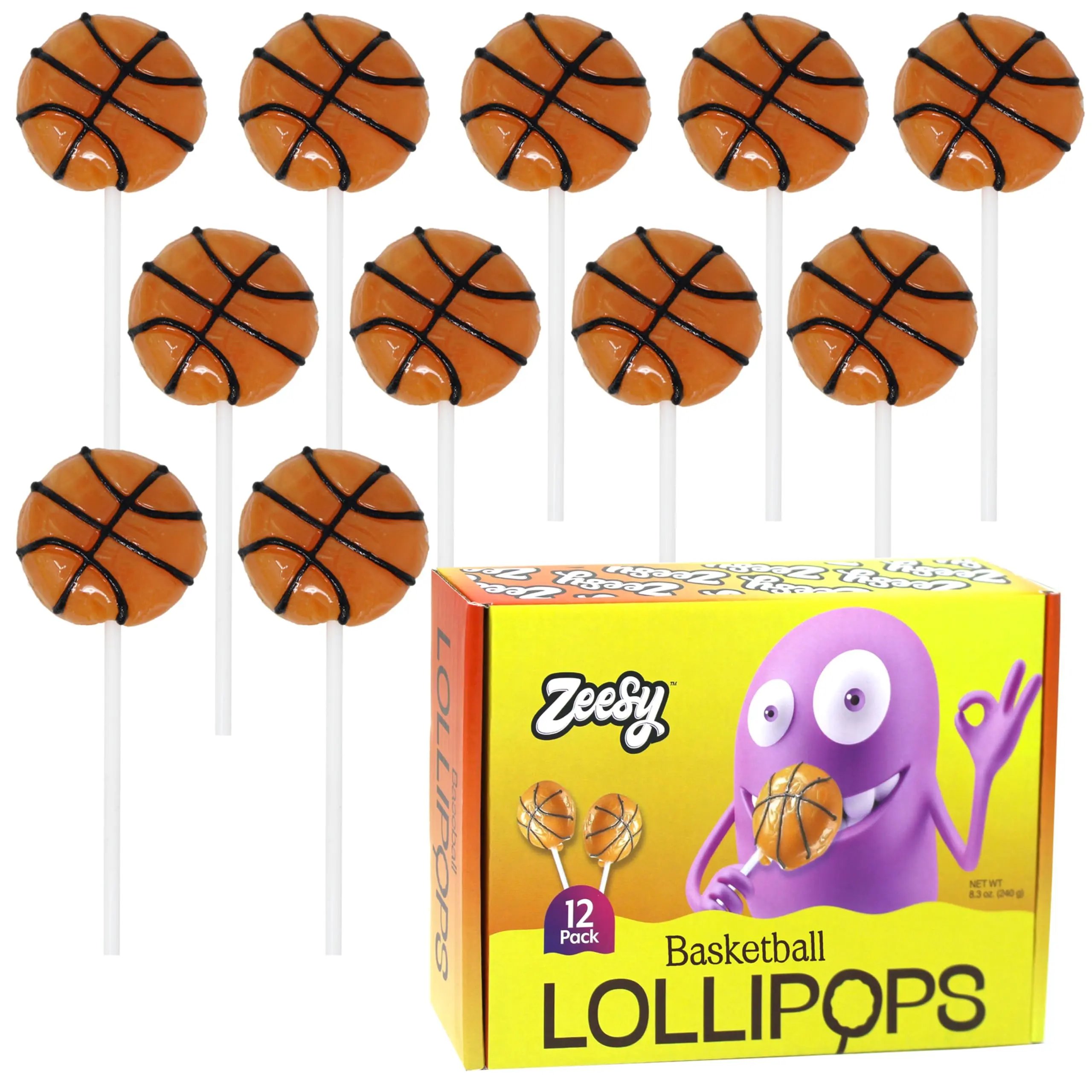 Zeesy Basketball Lollipops - 12 Pack Individually Wrapped Candy Suckers for Party Favors and Birthday Supplies