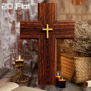 1 Pcs large wooden religious cross wall decoration - gold cross with dark brown wood grain church decoration, 8x12 " (20x30 cm) large slab, suitable for home, chapel, priest gifts - faux wood, easy to install, suitable for Christmas/ Easter, 2D Flat
