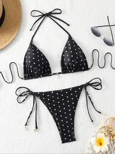 Women's Polka Dot Print Spaghetti Strap Swimsuit Style Bikini Set with Pearl Decorations, Fashionable and Sexy Swimwear for Beach Pool Vacation