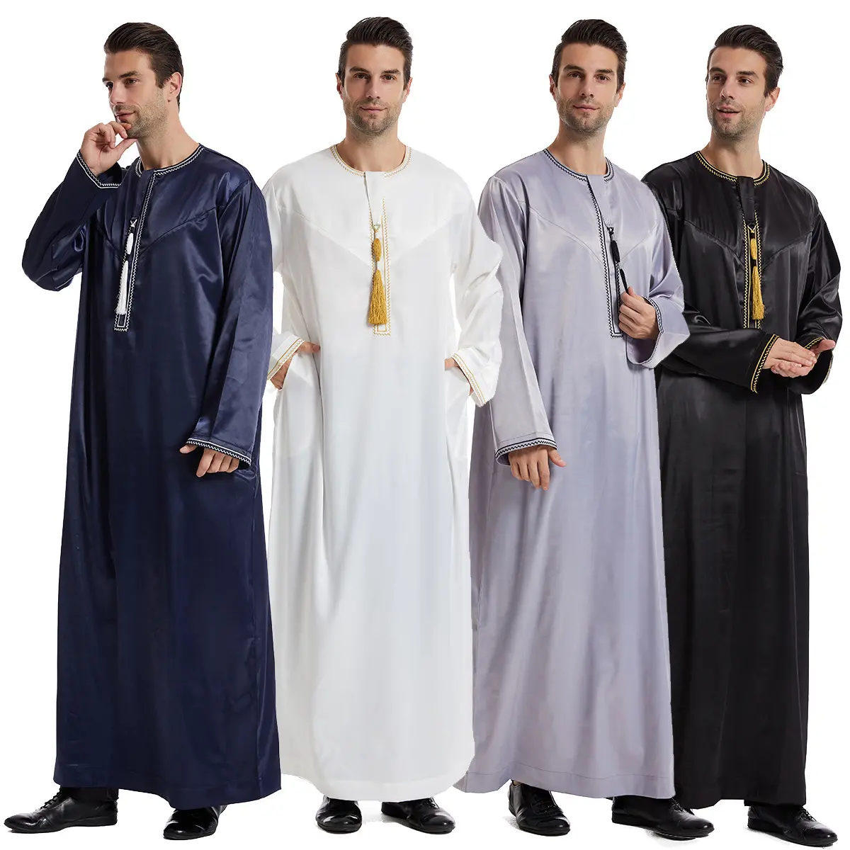 Men's Modesty Thobe - Solid-Color Long-Sleeve Traditional Arabic Robe, Breathable Cotton Blend, Modest, Casual Comfortable, All-Seasons Fringed Islamic Abaya Apparel