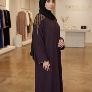 Women's Muslim Rhinestone-Embellished Shoulder Abaya - Traditional Style Elegant Dresses, Modest Islamic Women's Clothes, Sizes 56,58,60,62