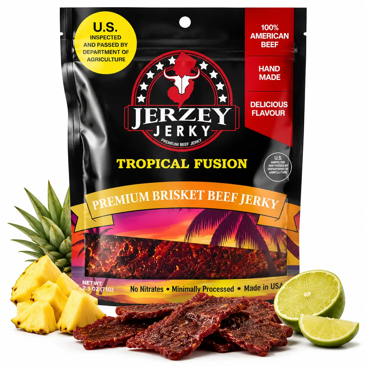 Tropical Fusion Brisket Beef Jerky, Sweet Pineapple Citrus Meat Snack, High Protein Premium Beef Jerky, Made in USA, 2.5oz