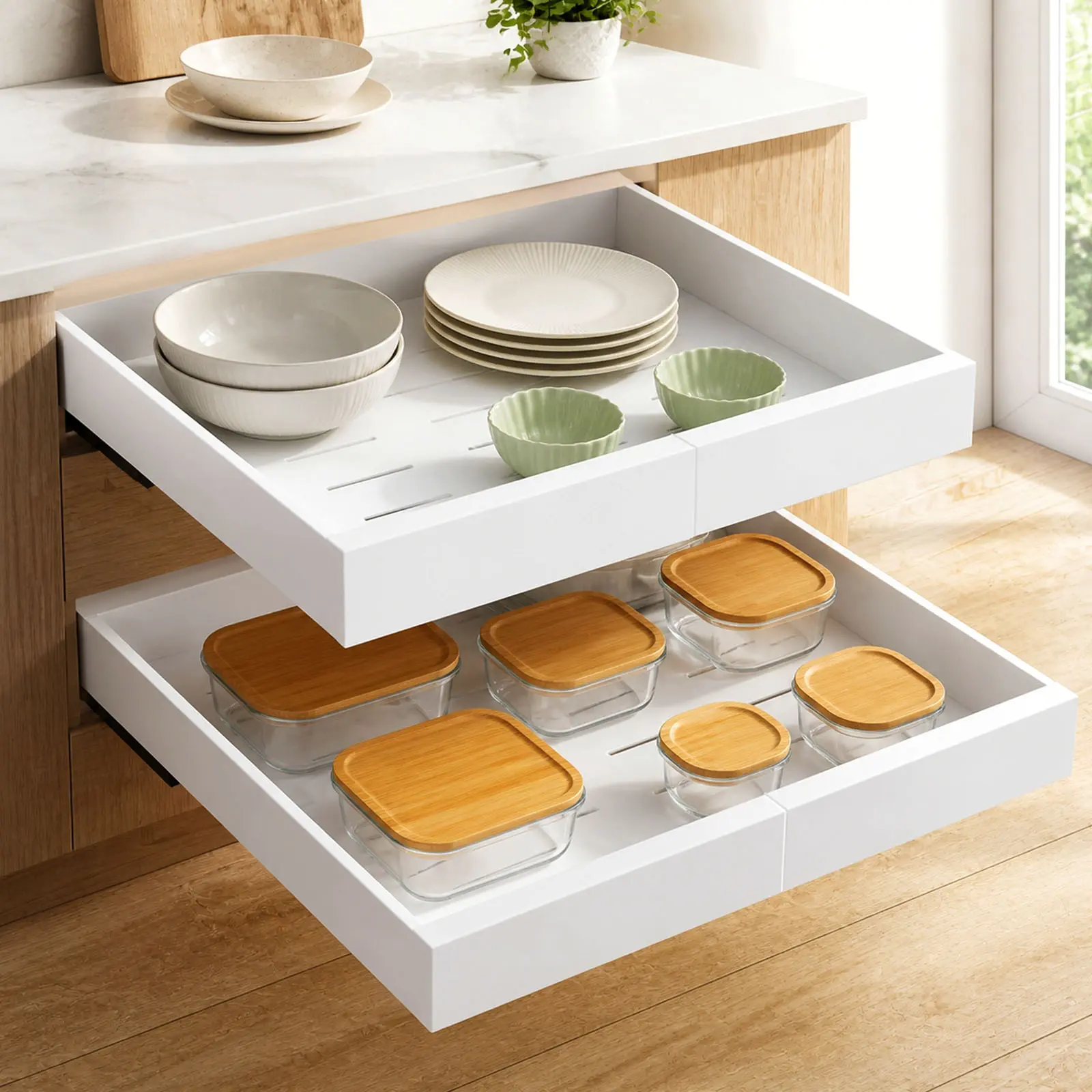 2Pack Expandable Pull Out Cabinet Organizer 21"Deep With Raising Pad for Framed Cabinets, Upgrade 3 Slide Rails Slide Out Drawers, Roll Out Shelves Adhesive,Adjustable Width 11.4"-18.5"White