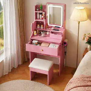 ARCH 3-Color LED Vanity Mirror with Stool, Pink Dressing Table for Bedroom, 2 Drawers & 5 Storage Cabinets (4 Open + 1 Hidden), Adjustable Lighting (Pink), Modern Makeup Vanity, Makeup Vanity Desk