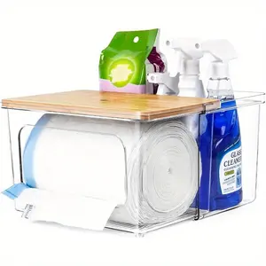 Trash Bag Dispenser Holder - 2 in 1 Clear Acrylic Plastic Garbage Bags Container With Bamboo Lid Storage Box for Kitchen Pantry Laundry Room Organization, Large Trash Bag Organizer Under Sink Organizing Stainless Steel Bins