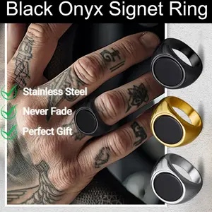 FaithHeart Round Black Onyx Signet Ring for Unisex Stainless Steel Father's Day gift
