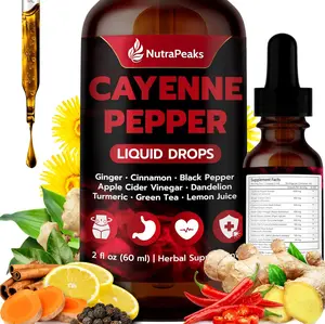 Ultra 10 in1 Cayenne Pepper Liquid Drops with Ginger, Ceylon Cinnamon, Turmeric and 6 More Herbals - Digestion, Circulatory Heath Support - 2 Fl Oz for 60 Servings