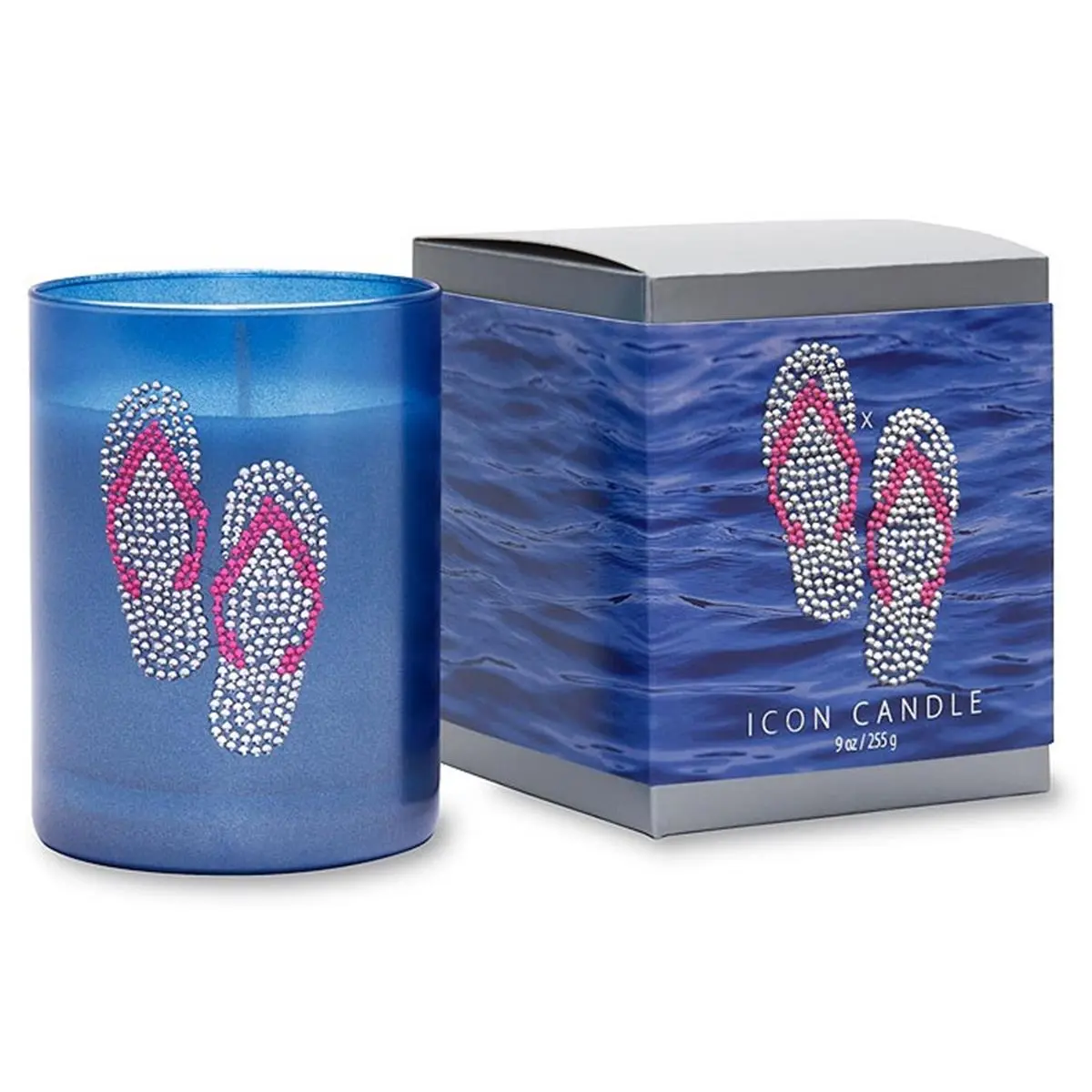 212 MAIN Primal Elements 9.5oz Icon Flip Flop Scented Candle - Blue Glass with Rhinestones, Hand Ornaments, Home Decoration, Gift with Box