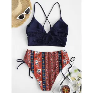 Zaful Women's V-Neck Ribbed Tankini Set, High-Cut Surplice High-Waisted 2-Piece Tummy Control Swimwear for Beach