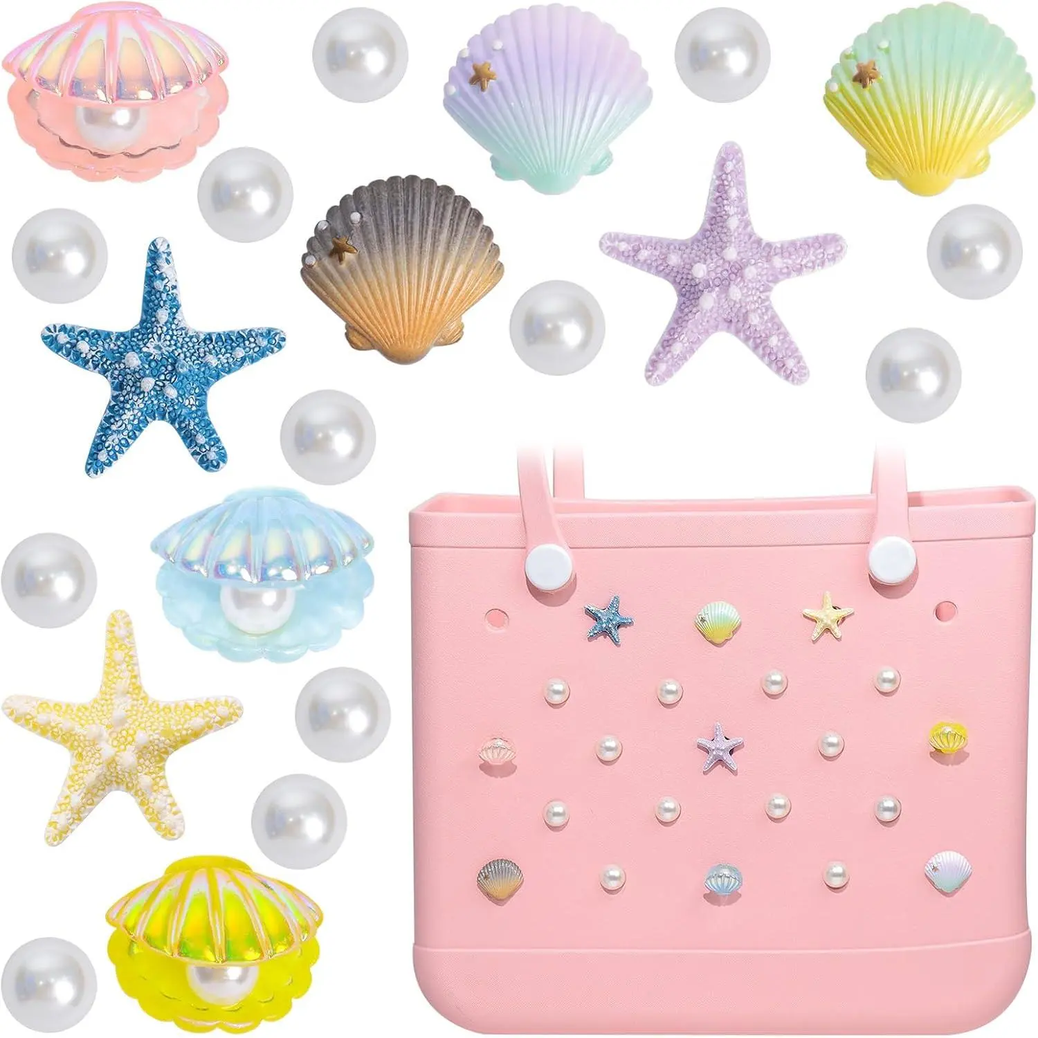 h-18 Charms for Bogg Bag, Starfish Shells & Pearls for Bogg Bag Accessories, Compatible with Simply Southern Beach Totes, Insert for Rubber Beach Bag Tote Handbag Decoration for Women Ocean Birthday Party Favor