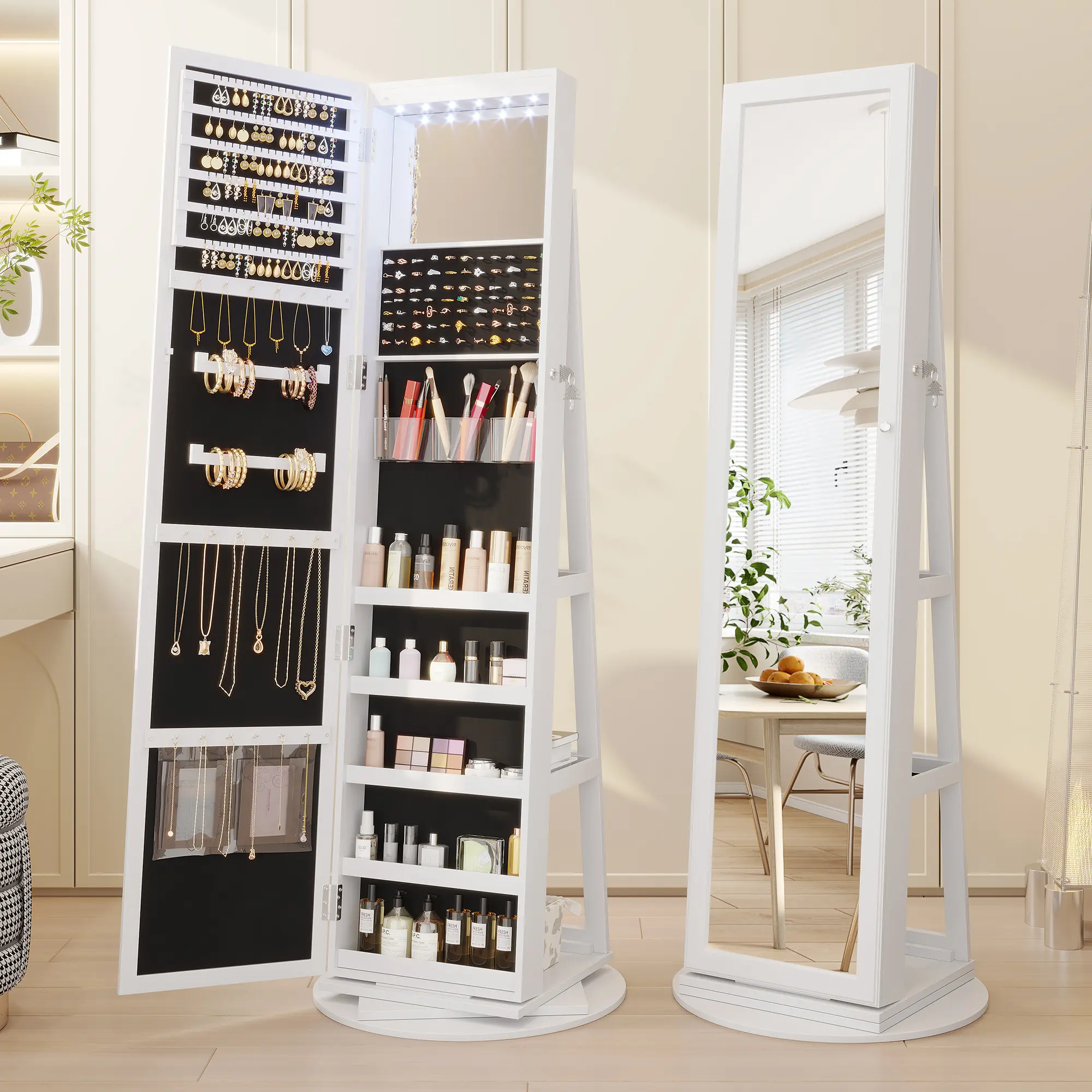 Dystler 360° Rotatable LED Jewelry Armoire with Full Length Mirror, Lockable Storage, 3 Dimmable Lights, Bedroom Gift for Her, Assembly Required