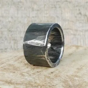 Mens wide ring, hammered ring