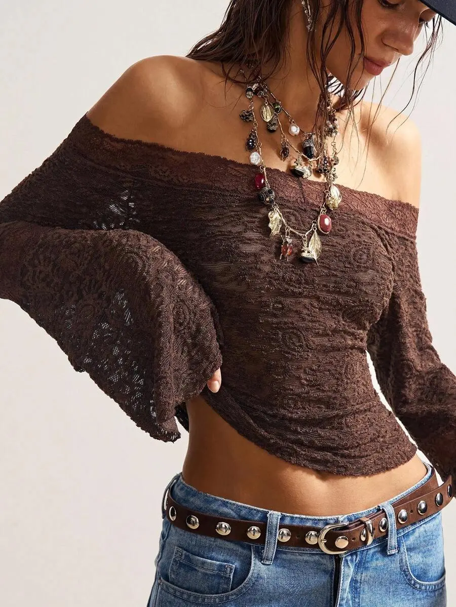 Sable x Boho Vintage Casual Solid Color Knit Lace Off Shoulder Flare Sleeve Fitted Women Top,Fall Tops