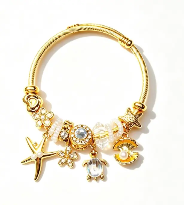 Women's Bright Shiny Golden Plating Twist Cable Beaded Bangle Bracelet - Adjustable Open Wire Cuff with Starfish, Seashell, Dolphin Pendants, 2 Styles (Clear Crystal/Black Obsidian Beads) - Beach Trips, Casual Shopping Costume Jewelry Birthday Gift