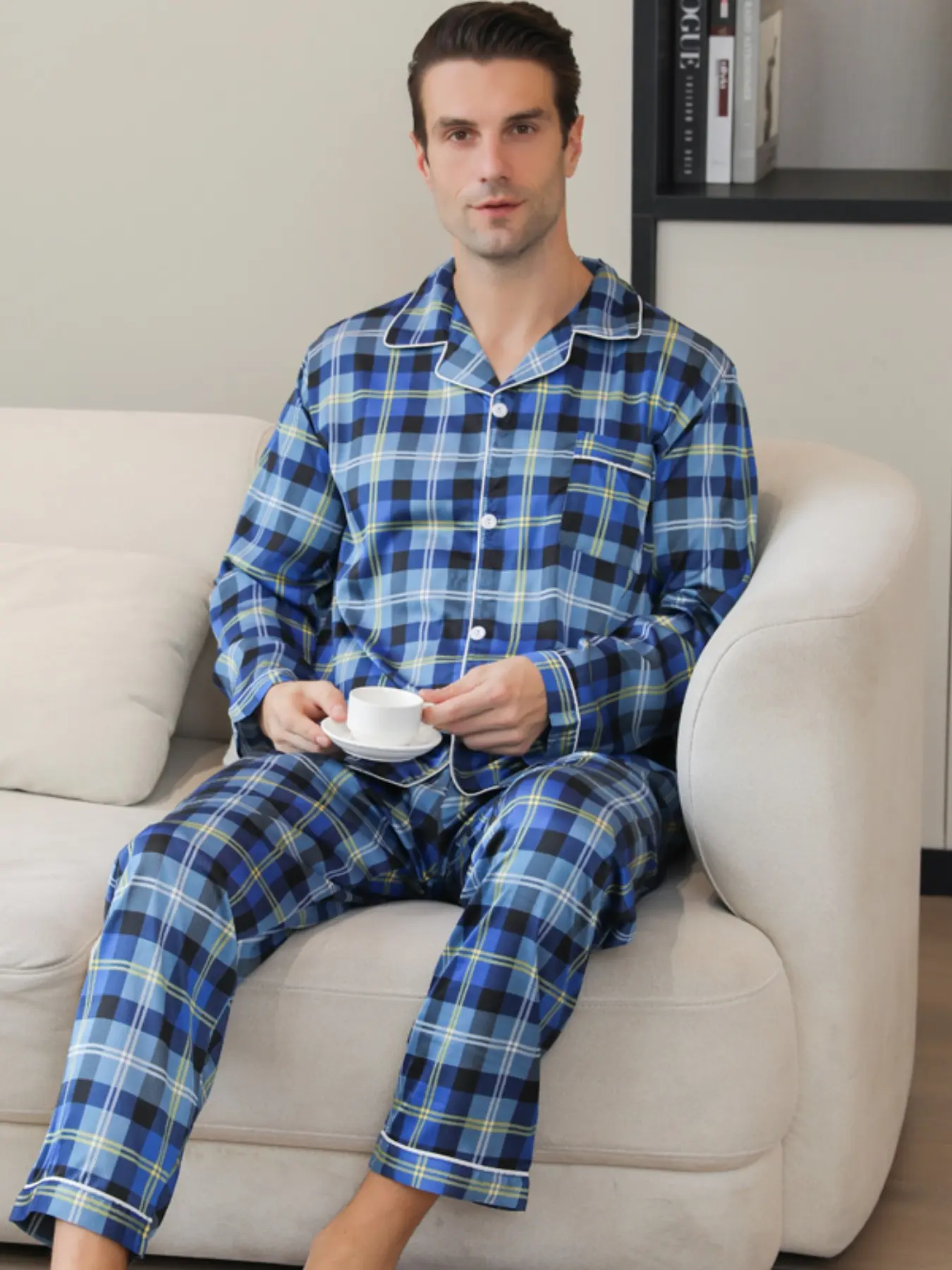 Men's Plaid Long Sleeve Home Wear Pajama Set Pjs, Comfortable Casual Fashion, Suitable for Daily Wear, All Seasons, Soft Fabric, Button Front Lapel, Plaid Pajamas