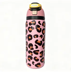 Owala 32oz Stylish Pink Leopard Print Insulated Stainless Steel Water Flask - Leak-Proof Flip Lid, BPA-Free, Portable Bottled Drinkware for School, Travel