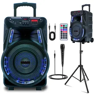 15" Powered Speakers Portable PA Speaker System With Stands / Microphone / Remote Control / Bluetooth / FM Radio / LED Lighting