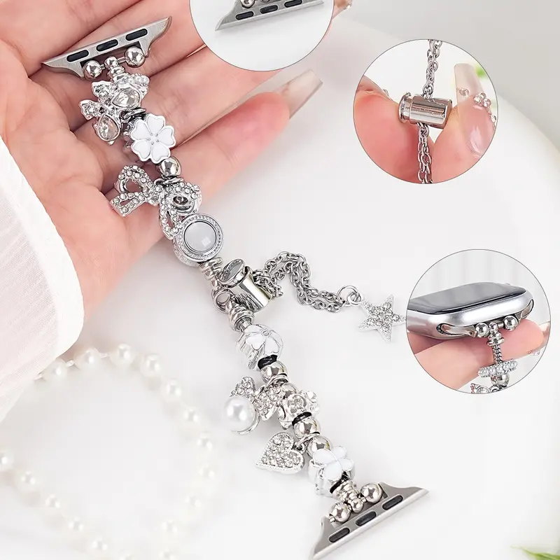 Women's Adjustable Apple Watch Band, Smartwatch Strap, Smartwatch Accessories, Silver Color Heart Butterfly Knot Metal Bracelet, Compatible with Series 1-11 & Ultra 1-3 Se (Band Only)