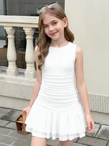 Girls' Pure Round Neck Sleeveless Dress, Waist Pleated Design, Ruffled Hem, Slim Fit, Easter, Casual Party Wear