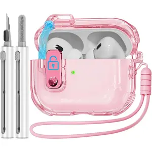AirPods Pro Case Cover - Clear Soft TPU with Safety Lock, Auto Pop-Up Lid for Charging (2023/2022/2019) - Pink