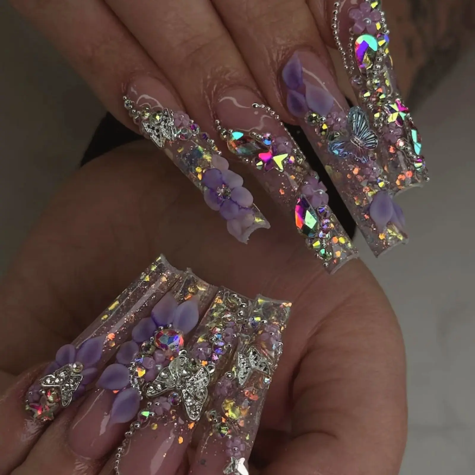 Luxury Purple Butterfly Press On Nails | 3D Flower Rhinestone Long Coffin Nails | Handmade Glitter Acrylic Nails | Bling Fairycore Nail Set