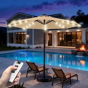 [Auto-Open] 9 FT Motorized Patio Umbrella with Remote Control, Solar LED Lights, Outdoor Cantilever Umbrella with UPF50+ UV Protection, 5-Year Fade Resistance, for Deck, Backyard, Pool (Beige)