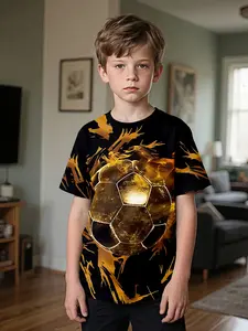 Gold Football Digital Print T-Shirt, Graphic Tees, 100% Polyester, Fashion Casual Kids Clothing, Perfect Gift for Boys, Outdoor Sports & Daily Wear