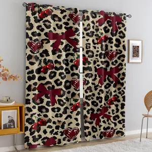 Leopard Print Curtains, Cherry Red Bow & Heart Pattern Blackout Curtains, 2 Panels Set, Multiple Sizes Available, Stylish Y2K Aesthetic Bedroom Living Room Decor, Ideal Gift for Teens Women Who Love Retro Cheetah Print Coquette Style.