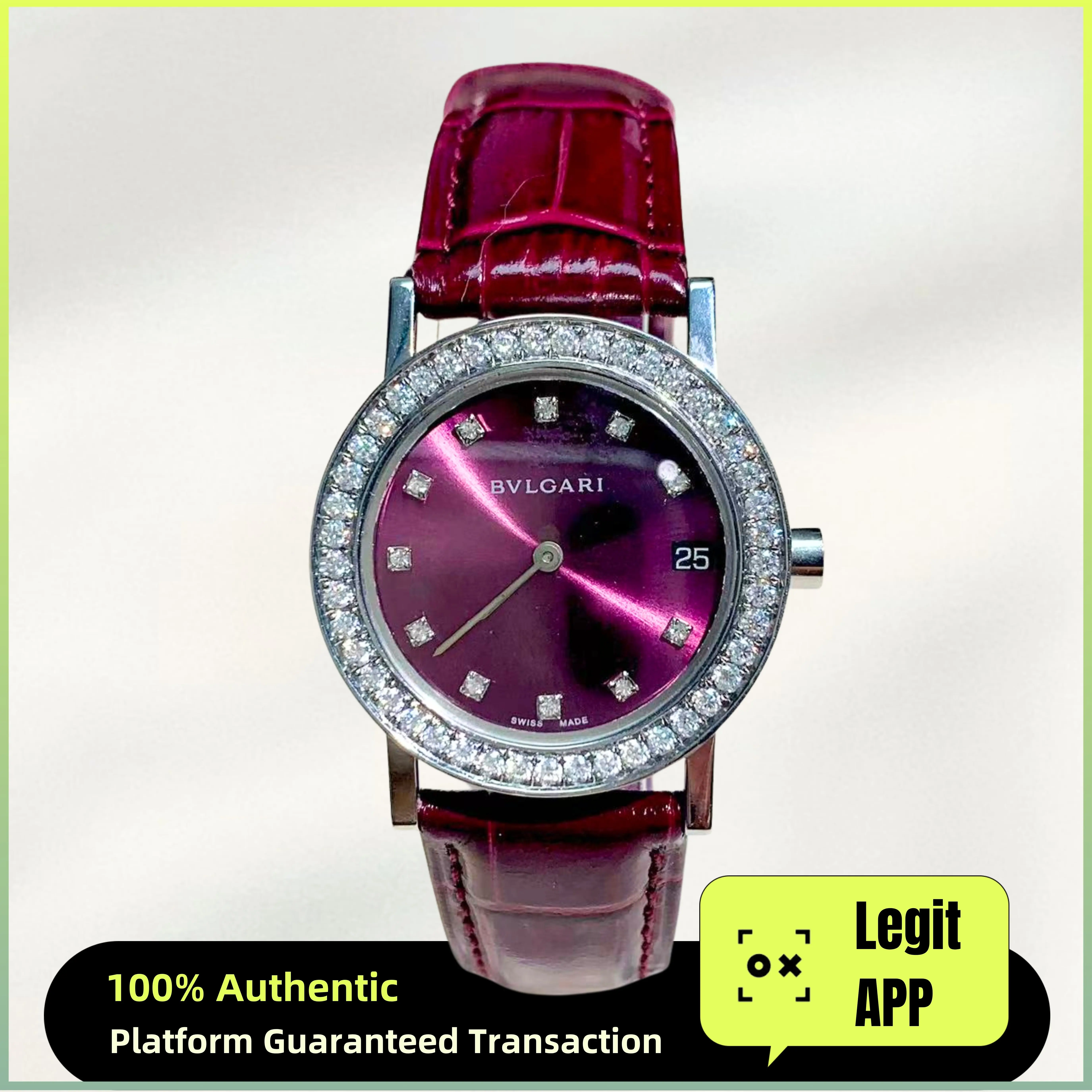 BVLGARI 30mm Stainless Steel Quartz Watch with Customized Purple Dial and Aftermarket Diamond-Set Bezel 21121075