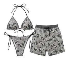 Grey Camo Couple Swimsuit Collection - Aesthetic Camouflage Triangle Bikini & Swim Trunks Set | Perfect Beach Party Wear, Trendy Summer Vacation
