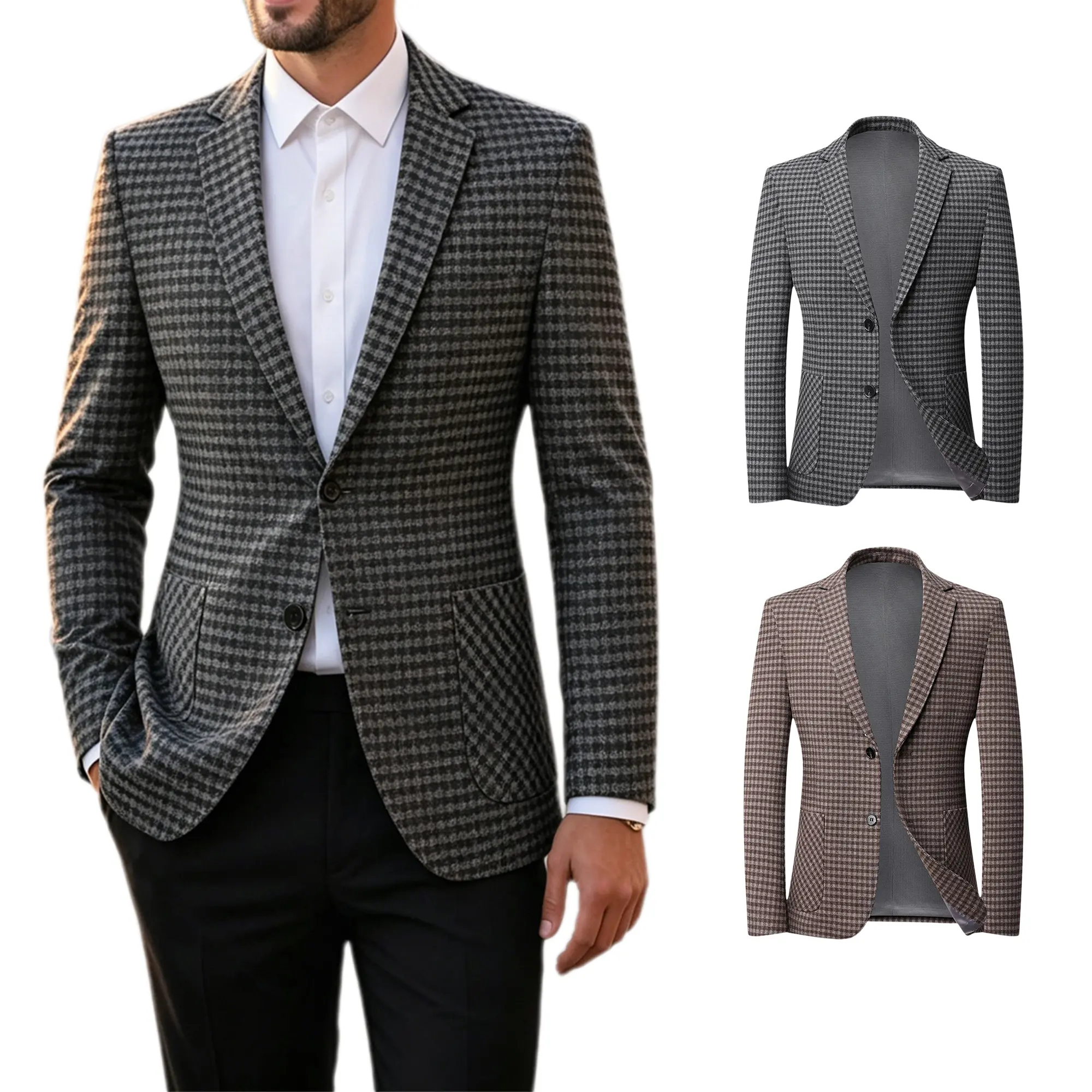 Men's Houndstooth Slim Fit Blazer Jacket - Classic Plaid Two Button Business Casual Sport Coat, All Season Wear