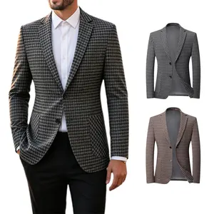 Men's Houndstooth Slim Fit Blazer Jacket - Classic Plaid Two Button Business Casual Sport Coat, All Season Wear