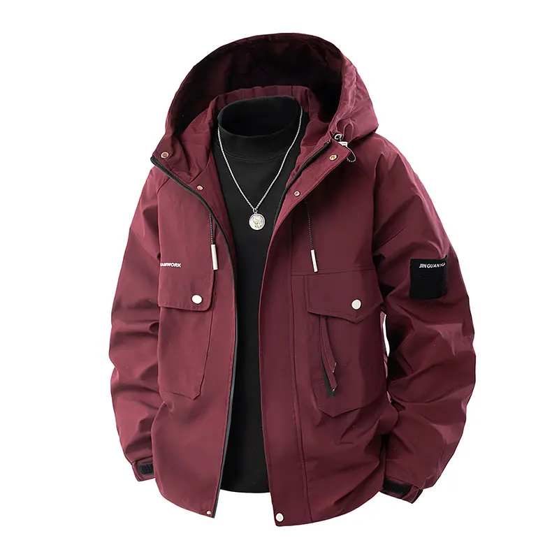 Men's Spring And Autumn Casual Windproof Warm Hooded Jacket, Multi-Pocket Workwear Coat, Early Spring Hooded Softshell Jacket, Suitable For Outdoor Activities