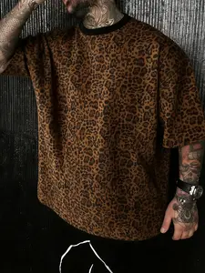 Leopard Print Oversized T Shirt Men, Y2K Streetwear Animal Print Crew Neck Tee, Retro Brown Edgy Casual Short Sleeve Top, Summer Outfit for Streetwear, Daily Wear, Party #springsaledeals2026 #summeroutfits #tiktokshopmademebuyit #menfashion