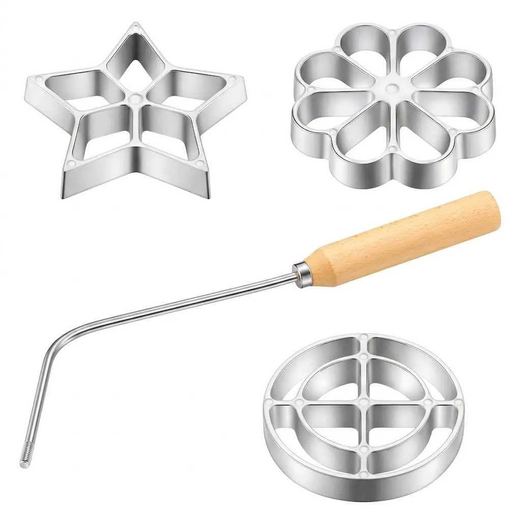 Cast Aluminum Bunuelos Mold with Handle - 3 Interchangeable Heads (3 Shapes: Star/Flower/Circle), Non-Stick Bakeware, Baking Tools, Kitchen Utensil for Mexican Buñuelos, Swedish Rosette Cookies
