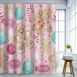 Christmas themed gingerbread man shower curtain, perfect for bathroom decoration, partition, beautification space, waterproof, wear-resistant, easy to clean, machine washable, multiple sizes available, free shower curtain hook