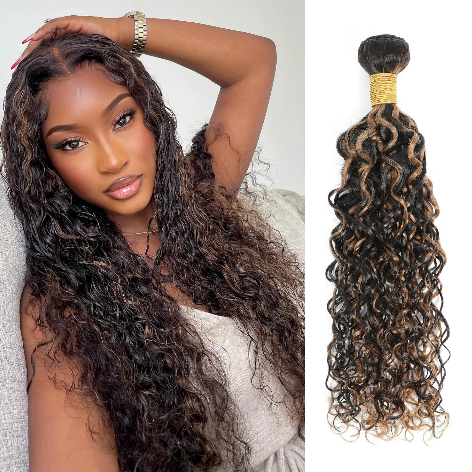 ALHER F1B30 Ombre Water Wave Hair Bundles, 12A Brazilian Virgin Hair Extension, Wet and Wavy Curls with Strong Double Wefts, Single Bundle 12 Inch