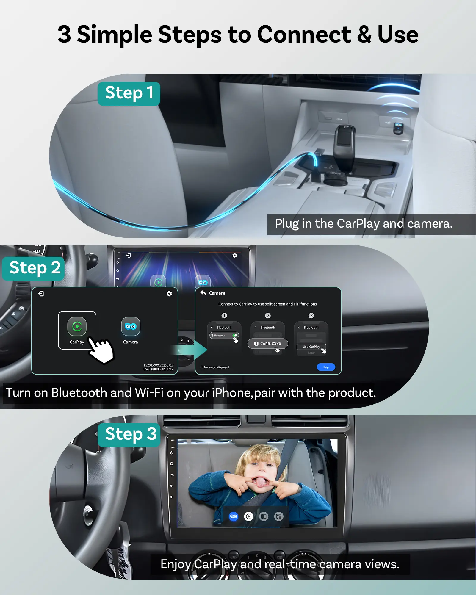 OTTOCAST Baby Car Camera &Wireless CarPlay Adapter,1080P HD Rear Seat Monitor Display on Car Screen,150°Wide Angle No-Glow Night View, Safety for Kids & Infants