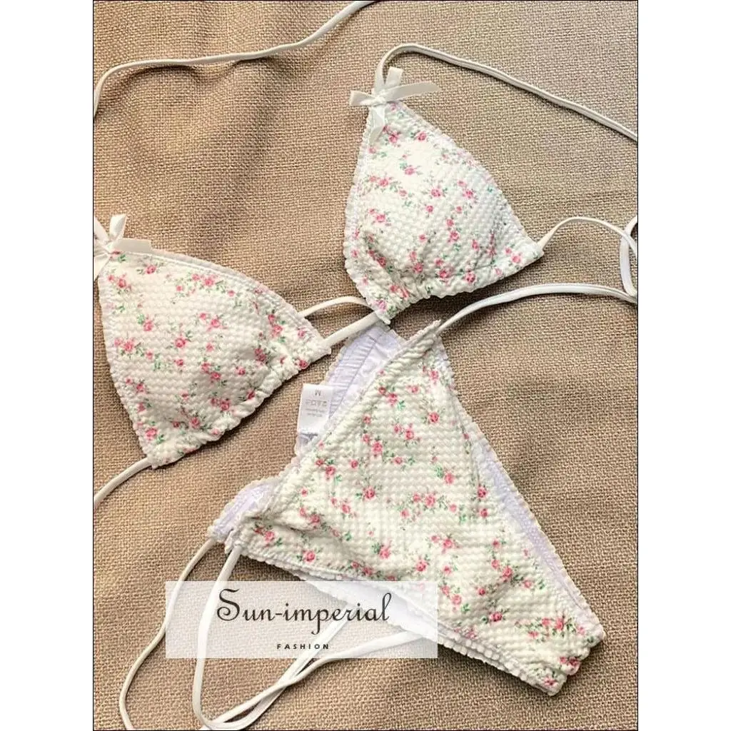 White Floral Triangle Side String Tie Bikini Set