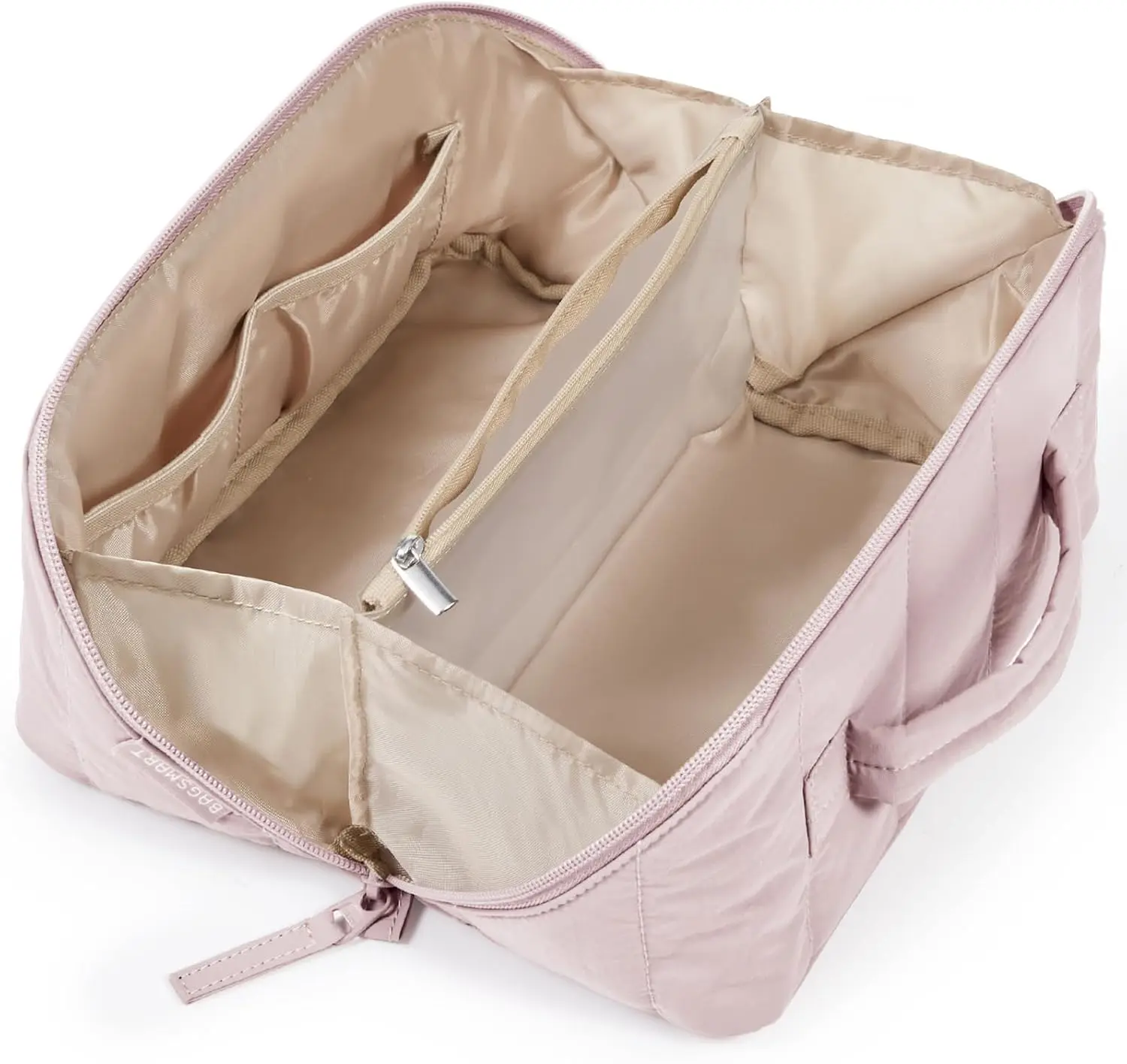 BAGSMART Puffy Travel Makeup Bag Toiletry Bag for Women, Pink | Open Flat, Portable, Make Up Organizer, Water-resistant, Puffy Padded, For Toiletries, Brushes